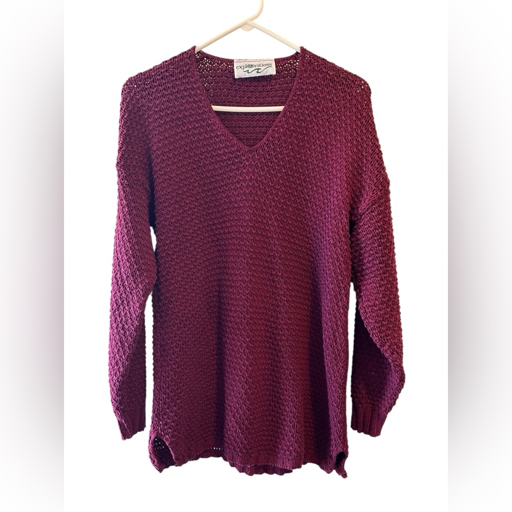 Explorations Burgundy Cotton V-Neck Sweater for Women